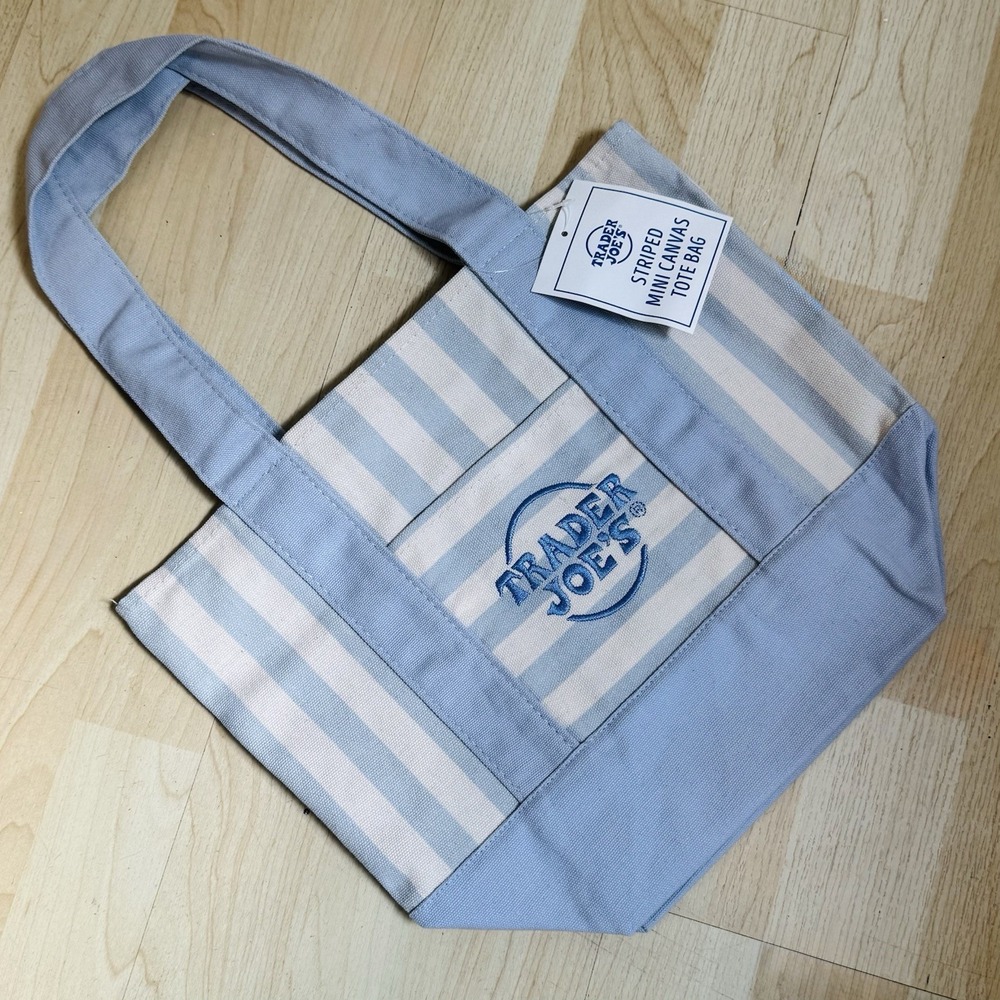 Trader Joe's Striped Mini Canvas Tote Bag Blue/White 13x10x 6 in New